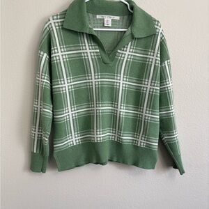 MAX STUDIO V Neck Sweater White Green Plaid Large Women